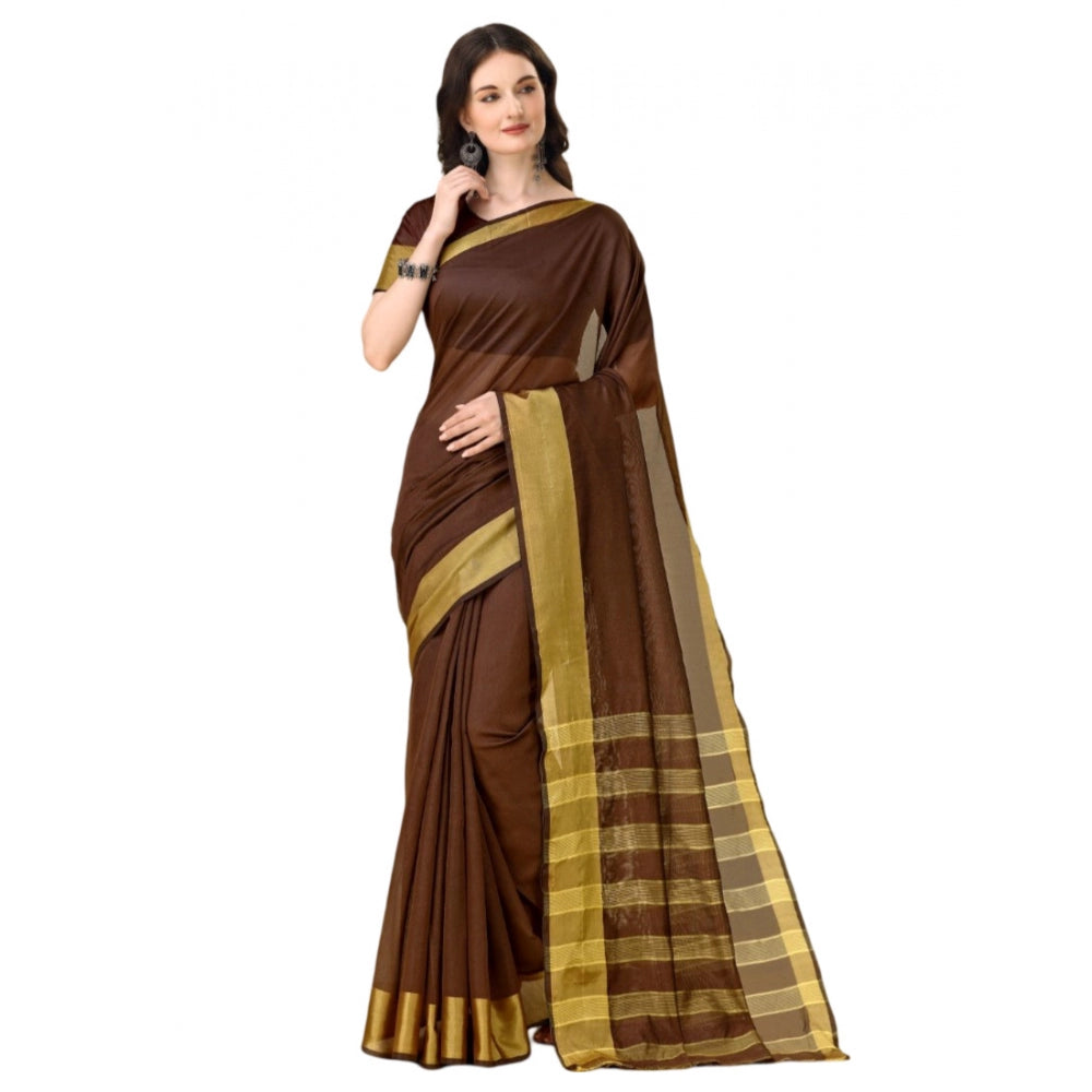 Women's Cotton Silk Striped Saree With Unstitched Blouse 5.5Mtr (Brown) - GillKart