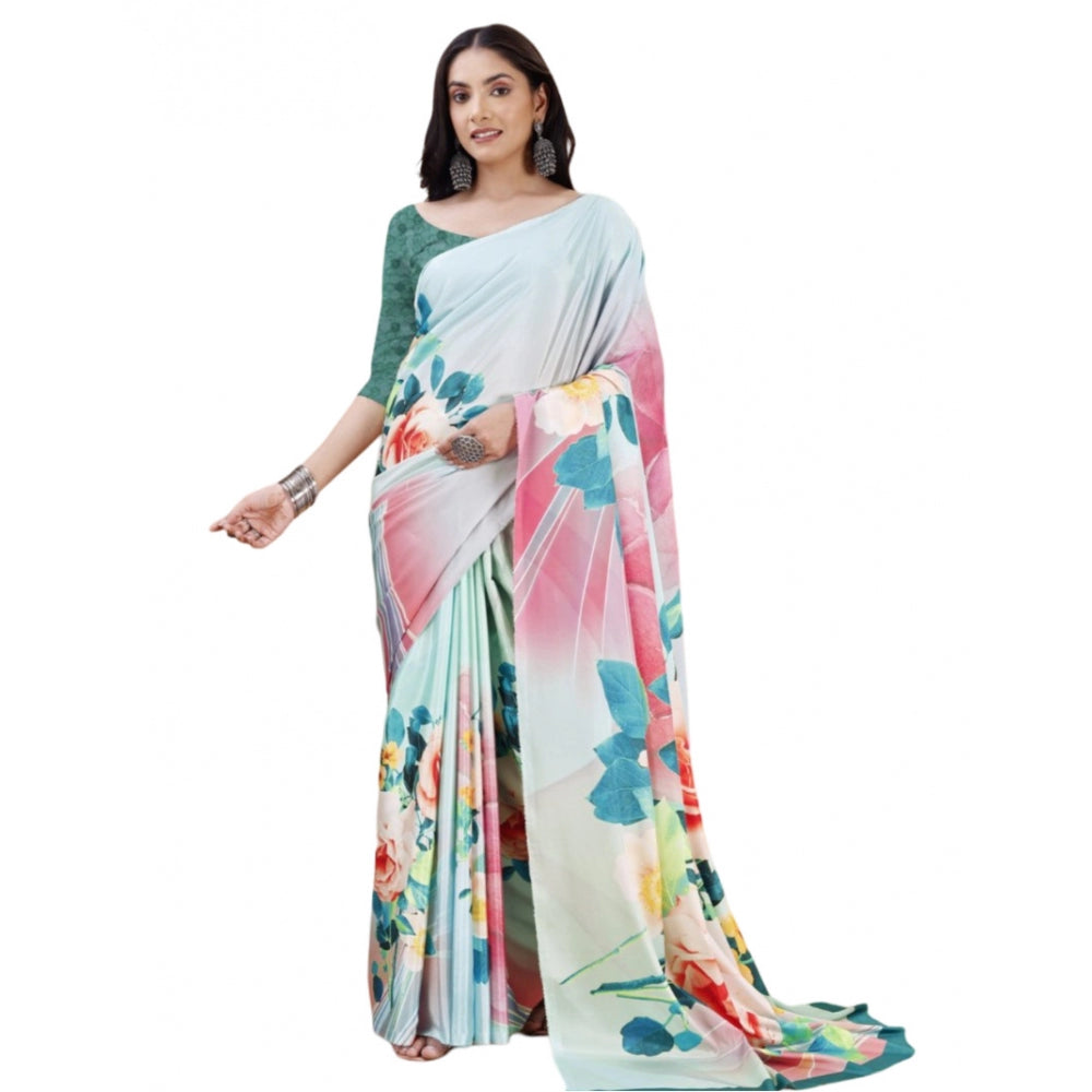 Women's Crepe Digital Print Saree With Unstitched Blouse 5.5Mtr (Light Blue) - GillKart