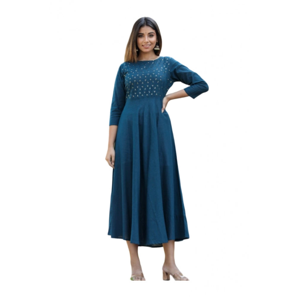 Women's Cotton Solid 3/4 Sleeve Round Neck Kurti (Blue) - GillKart