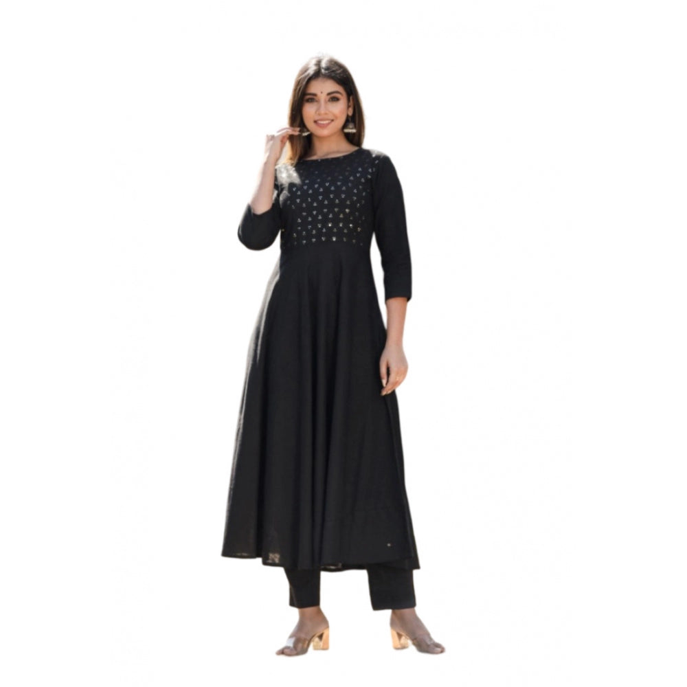 Women's Cotton Solid 3/4 Sleeve Round Neck Kurti (Black) - GillKart