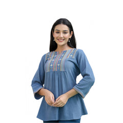 Women's Cotton Embroidered 3/4 Sleeve V-Neck Top (Blue) - GillKart