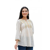 Women's Cotton Embroidered 3/4 Sleeve V-Neck Top (Off White) - GillKart