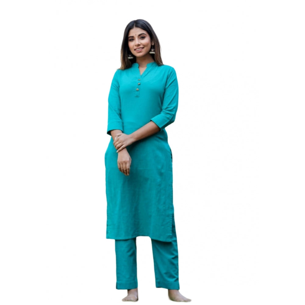 Women's Cotton Solid 3/4 Sleeve Mandarin collar Kurti (Green) - GillKart