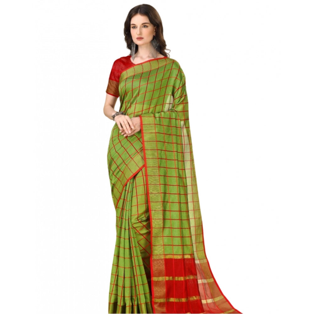 Women's Cotton Silk Checkered Saree With Unstitched Blouse 5.5Mtr (Green) - GillKart