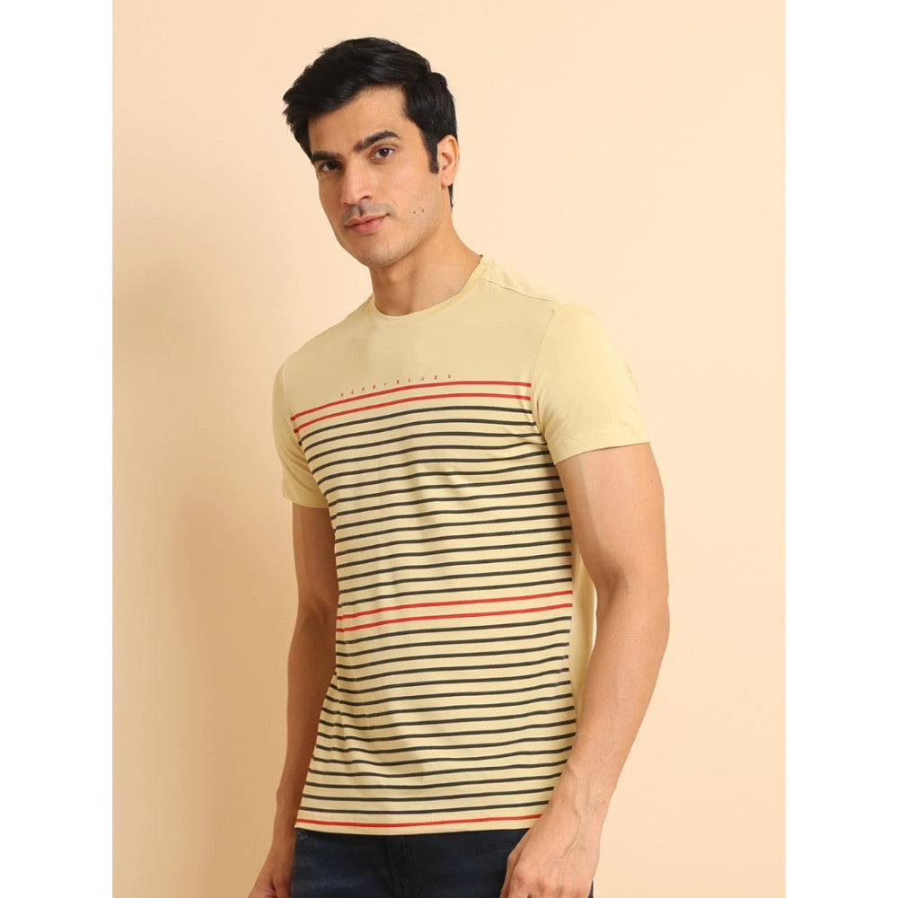 Men's Casual Cotton Printed Round Neck Half Sleeve T-Shirt (Beige) - GillKart