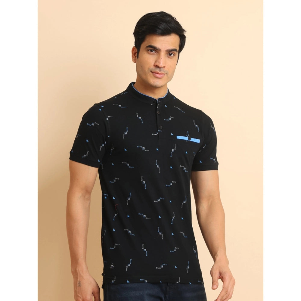 Men's Casual Cotton Printed Mandarin Collar Half Sleeve T-Shirt (Navy) - GillKart