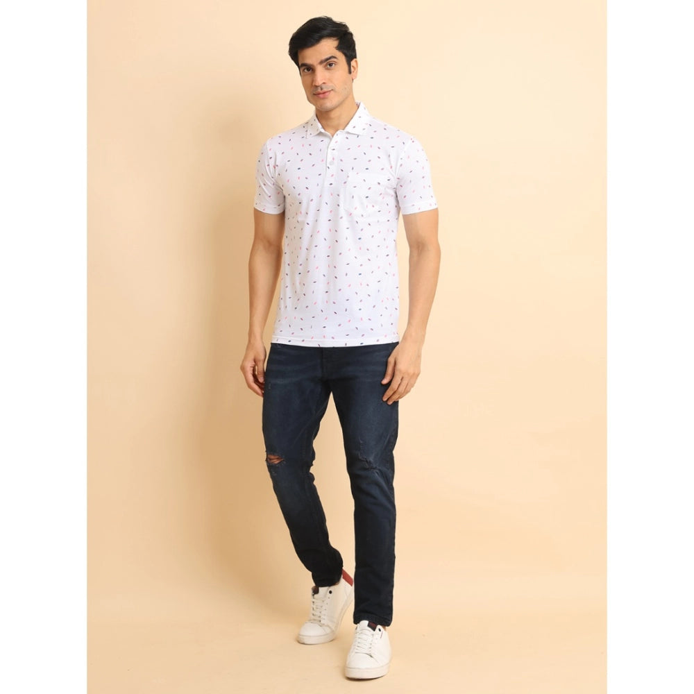 Men's Casual Cotton Printed Polo Neck Half Sleeve T-Shirt (White) - GillKart