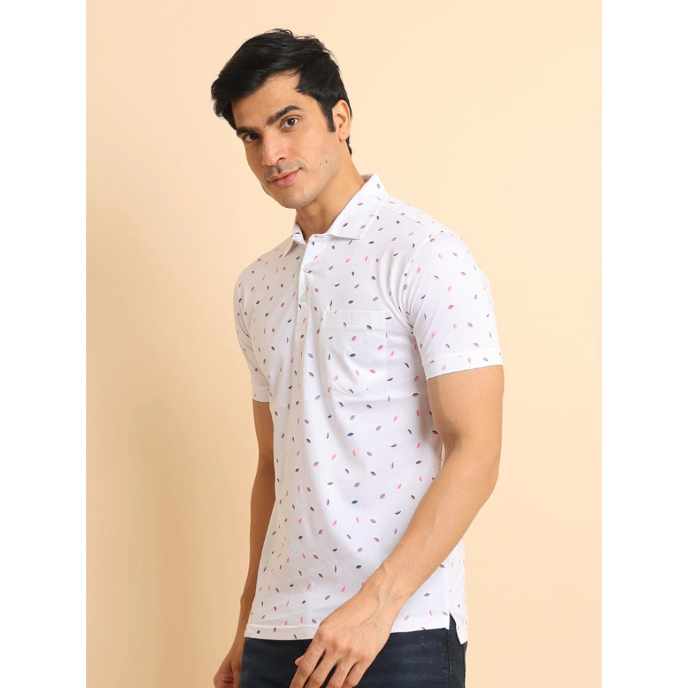 Men's Casual Cotton Printed Polo Neck Half Sleeve T-Shirt (White) - GillKart