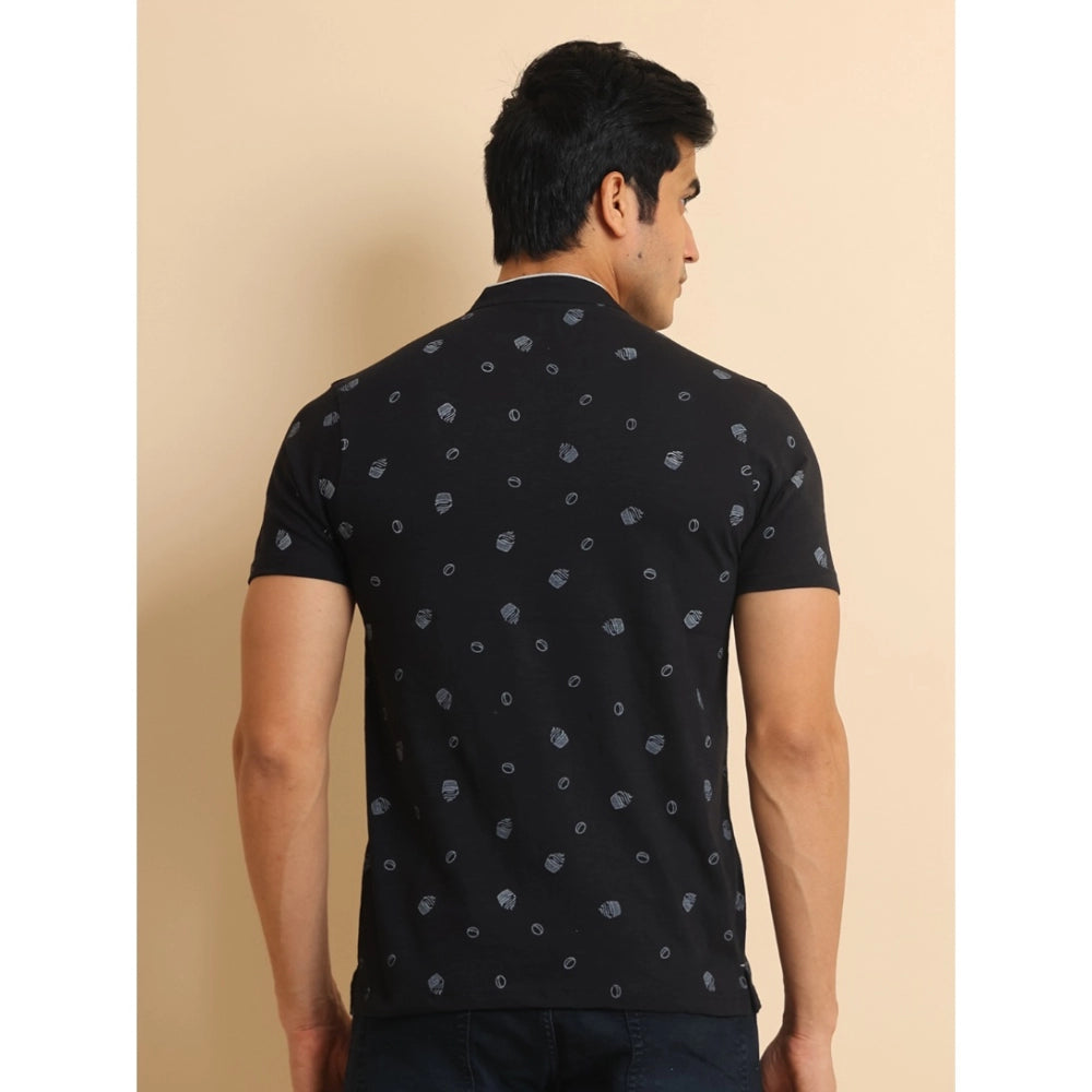 Men's Casual Cotton Printed Mandarin Collar Half Sleeve T-Shirt (Black) - GillKart