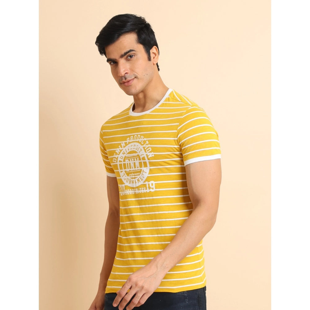 Men's Casual Cotton Printed Round Neck Half Sleeve T-Shirt (Mustard) - GillKart