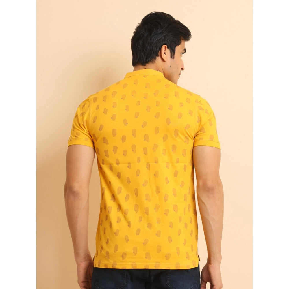 Men's Casual Cotton Printed Mandarin Collar Half Sleeve T-Shirt (Mustard) - GillKart