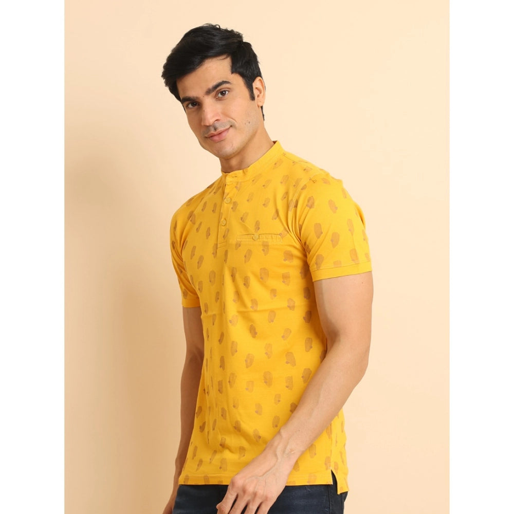 Men's Casual Cotton Printed Mandarin Collar Half Sleeve T-Shirt (Mustard) - GillKart