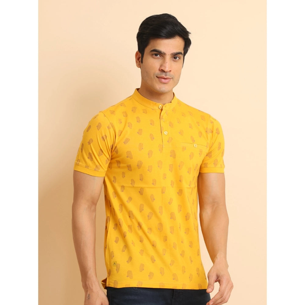 Men's Casual Cotton Printed Mandarin Collar Half Sleeve T-Shirt (Mustard) - GillKart