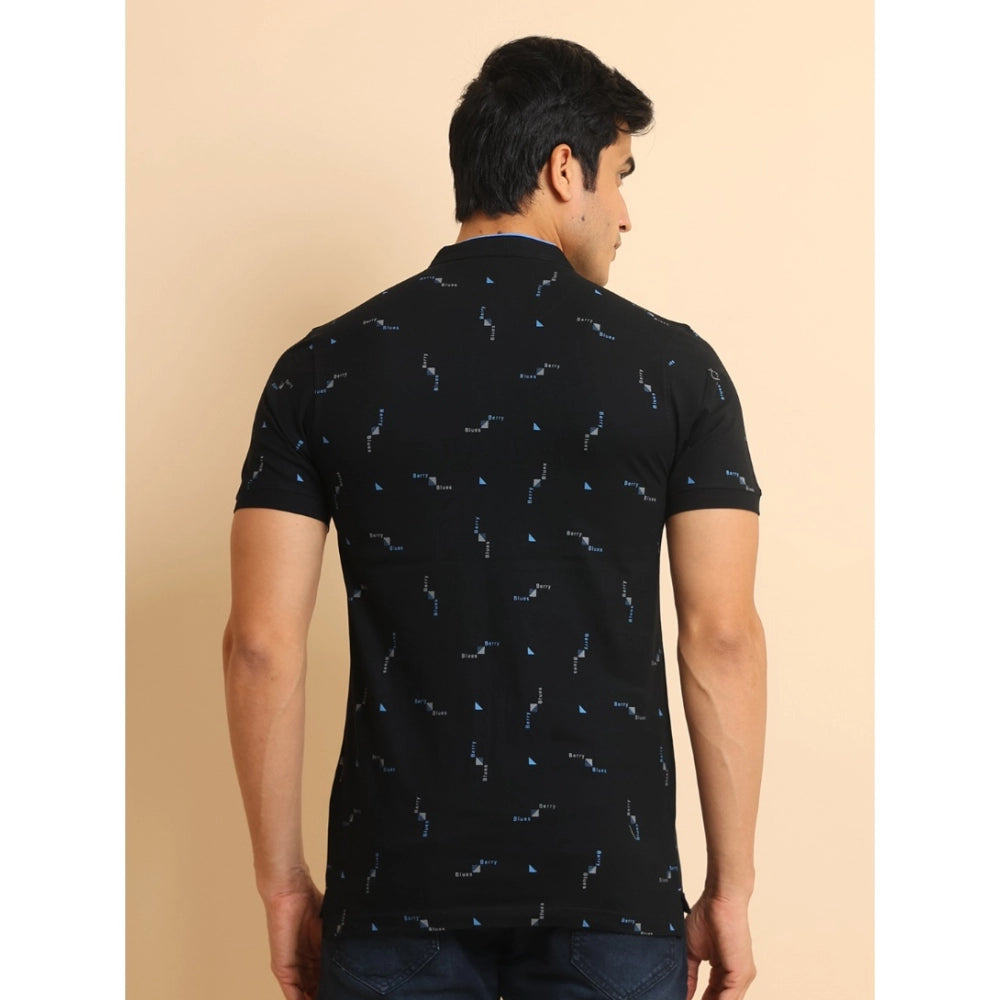 Men's Casual Cotton Printed Mandarin Collar Half Sleeve T-Shirt (Navy) - GillKart