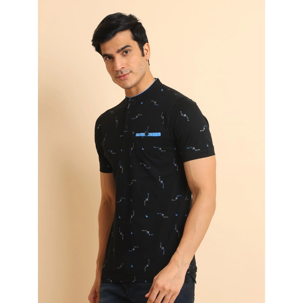 Men's Casual Cotton Printed Mandarin Collar Half Sleeve T-Shirt (Navy) - GillKart