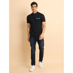 Men's Casual Cotton Printed Mandarin Collar Half Sleeve T-Shirt (Navy) - GillKart