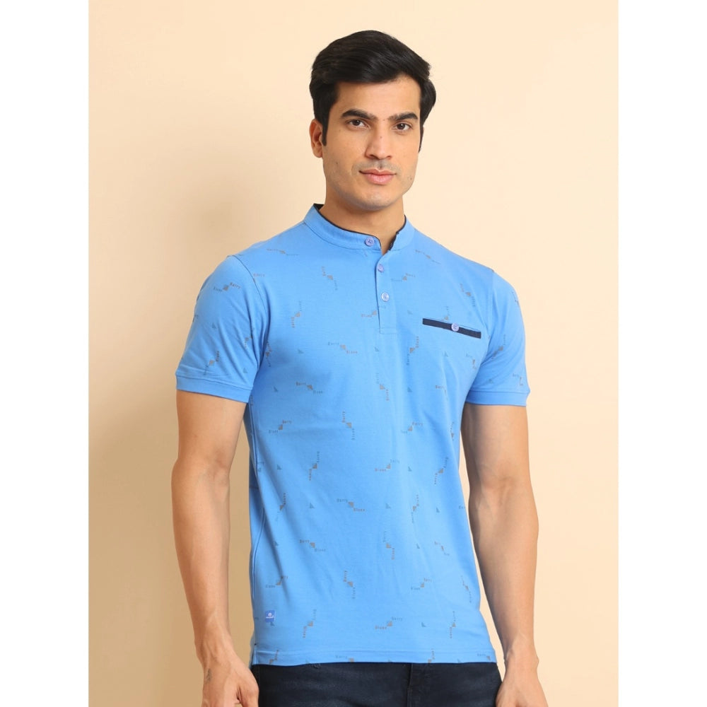 Men's Casual Cotton Printed Mandarin Collar Half Sleeve T-Shirt (LightBlue) - GillKart