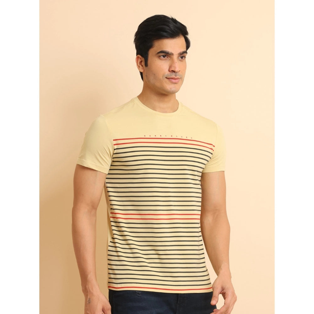 Men's Casual Cotton Printed Round Neck Half Sleeve T-Shirt (Beige) - GillKart