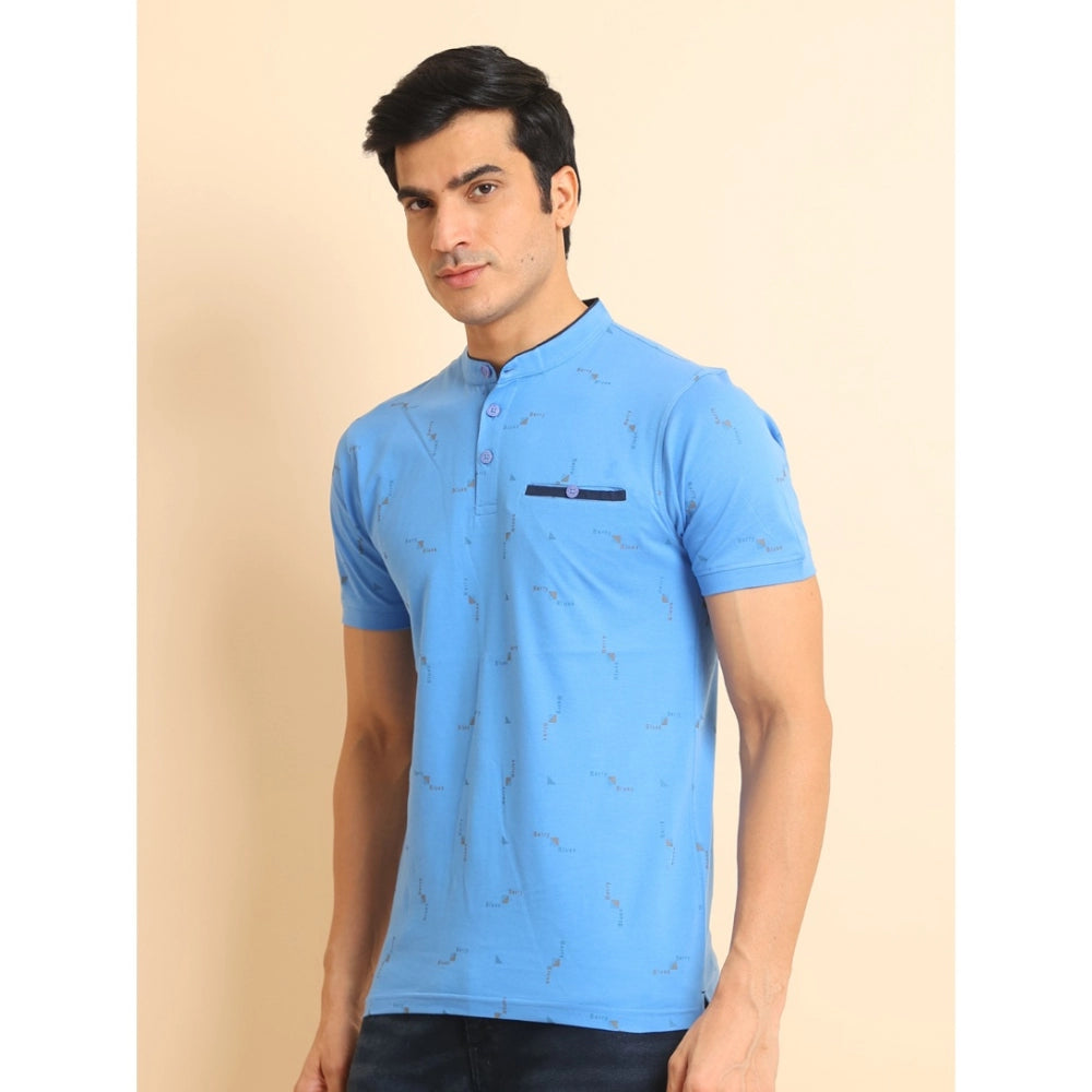 Men's Casual Cotton Printed Mandarin Collar Half Sleeve T-Shirt (LightBlue) - GillKart