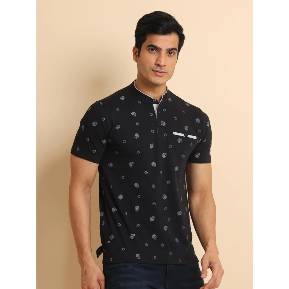 Men's Casual Cotton Printed Mandarin Collar Half Sleeve T-Shirt (Black) - GillKart