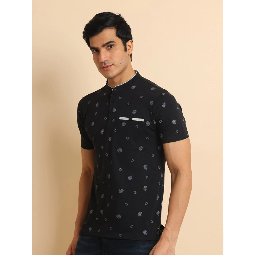 Men's Casual Cotton Printed Mandarin Collar Half Sleeve T-Shirt (Black) - GillKart