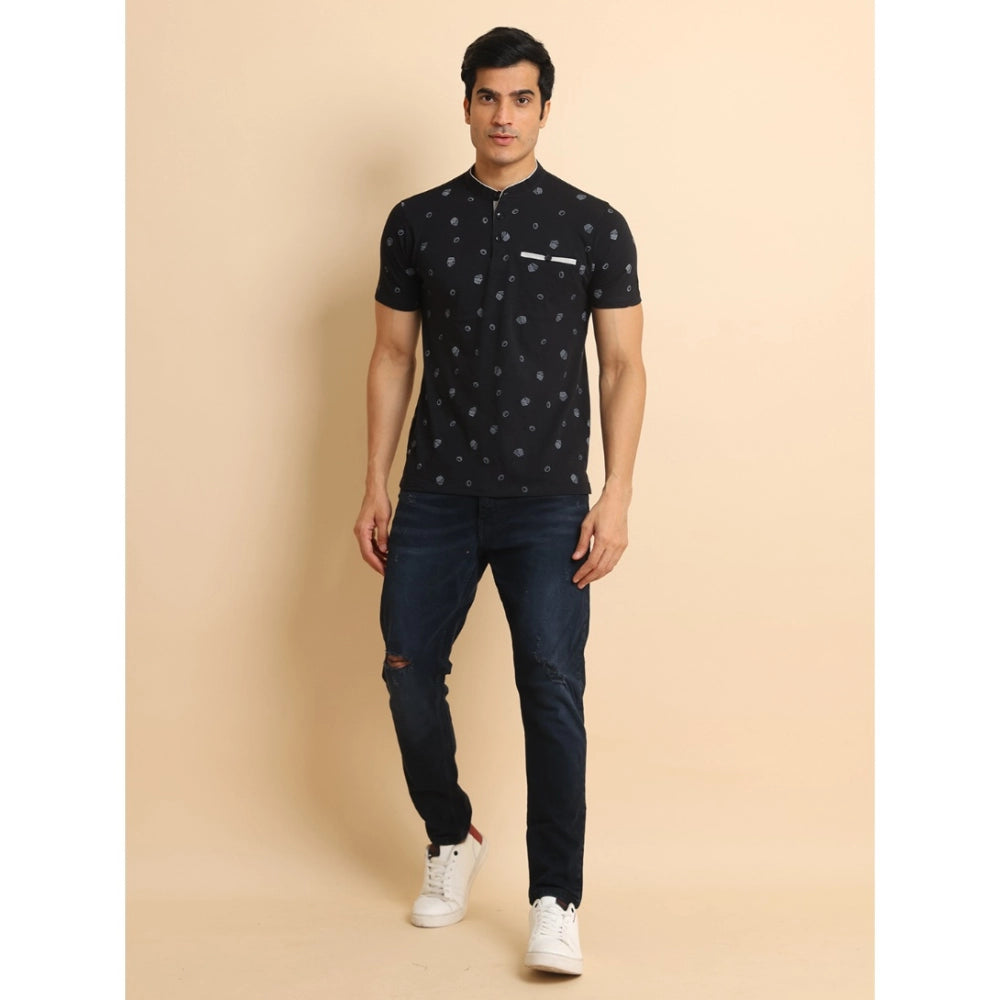 Men's Casual Cotton Printed Mandarin Collar Half Sleeve T-Shirt (Black) - GillKart