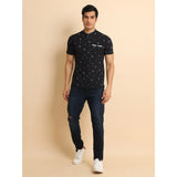 Men's Casual Cotton Printed Mandarin Collar Half Sleeve T-Shirt (Black) - GillKart