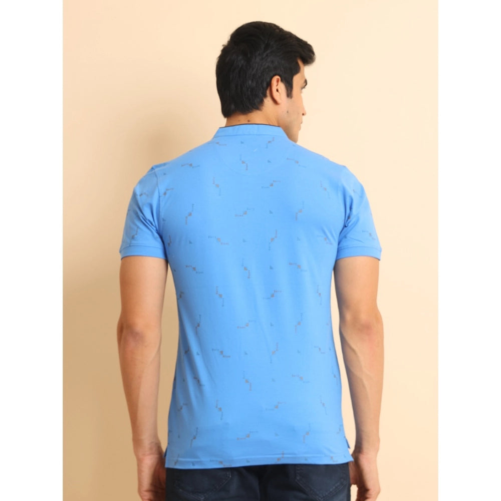 Men's Casual Cotton Printed Mandarin Collar Half Sleeve T-Shirt (LightBlue) - GillKart