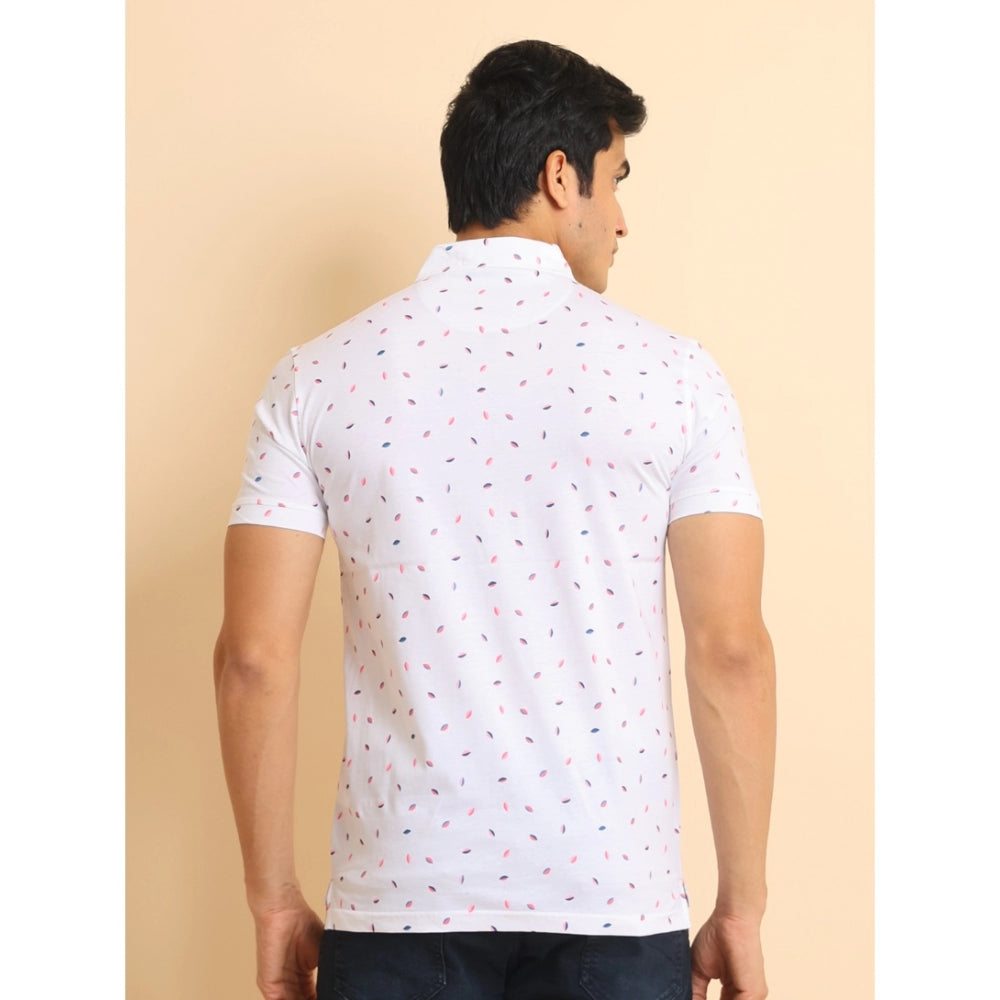 Men's Casual Cotton Printed Polo Neck Half Sleeve T-Shirt (White) - GillKart