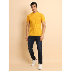 Men's Casual Cotton Printed Mandarin Collar Half Sleeve T-Shirt (Mustard) - GillKart