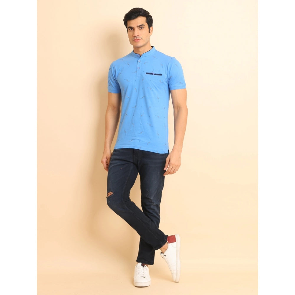 Men's Casual Cotton Printed Mandarin Collar Half Sleeve T-Shirt (LightBlue) - GillKart