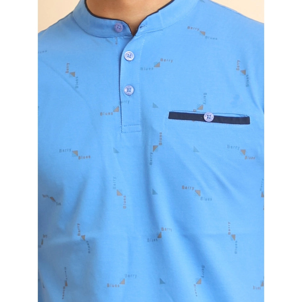 Men's Casual Cotton Printed Mandarin Collar Half Sleeve T-Shirt (LightBlue) - GillKart