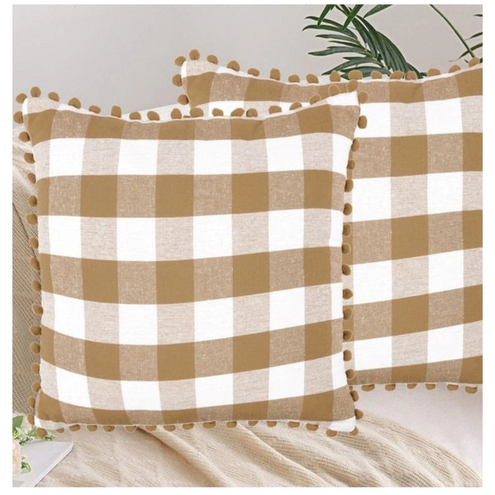 Pack Of_2 Cotton Checkered Cushion Cover With Pom Pom (Beige, Size: 20x20 In) - GillKart