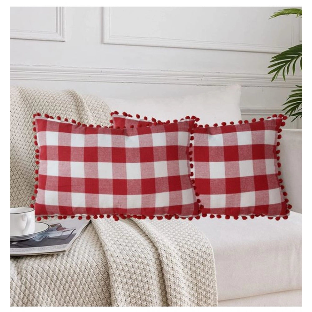 Pack Of_2 Cotton Checkered Cushion Cover With Pom Pom (Red, Size: 12x20 In) - GillKart