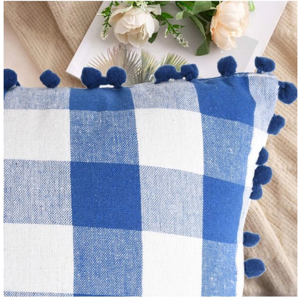 Pack Of_2 Cotton Checkered Cushion Cover With Pom Pom (Blue, Size: 12x20 In) - GillKart