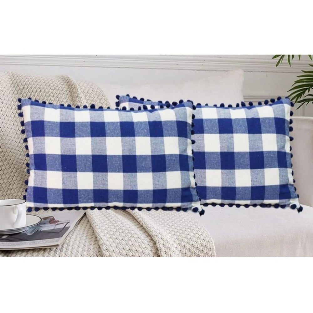 Pack Of_2 Cotton Checkered Cushion Cover With Pom Pom (Blue, Size: 12x20 In) - GillKart