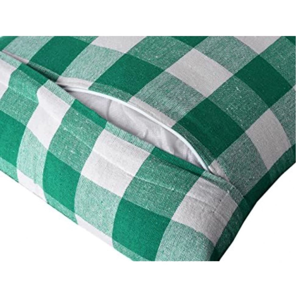 Pack Of_4 Cotton Checkered Cushion Cover With Pom Pom (Green, Size: 16x16 In) - GillKart