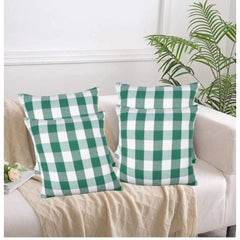 Pack Of_4 Cotton Checkered Cushion Cover With Pom Pom (Green, Size: 16x16 In) - GillKart