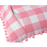 Pack Of_2 Cotton Checkered Cushion Cover With Pom Pom (Baby Pink, Size: 18x18 In) - GillKart