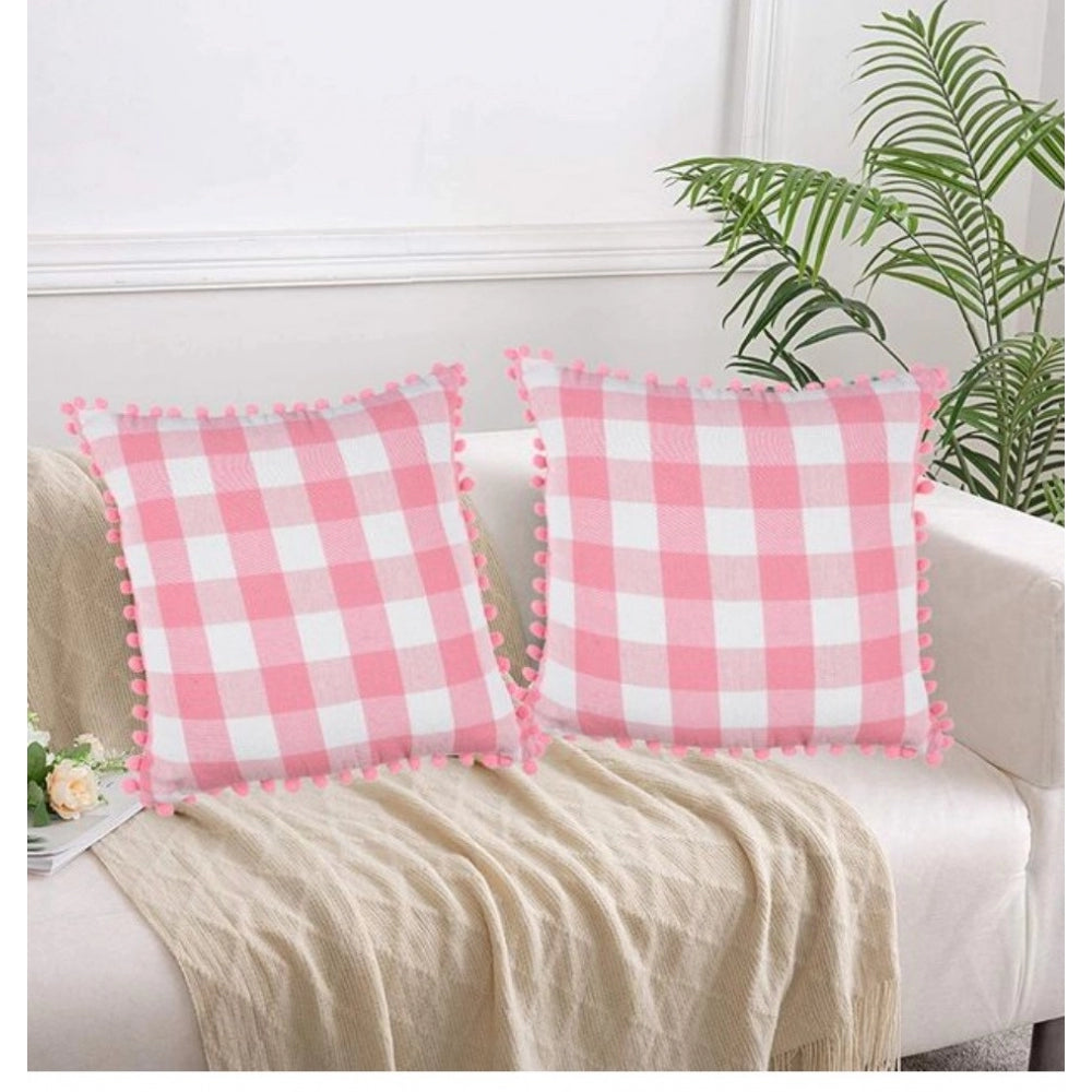 Pack Of_2 Cotton Checkered Cushion Cover With Pom Pom (Baby Pink, Size: 18x18 In) - GillKart