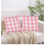 Pack Of_2 Cotton Checkered Cushion Cover With Pom Pom (Baby Pink, Size: 18x18 In) - GillKart