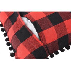 Pack Of_2 Cotton Checkered Cushion Cover With Pom Pom (Red &amp; Black, Size: 12x20 In) - GillKart