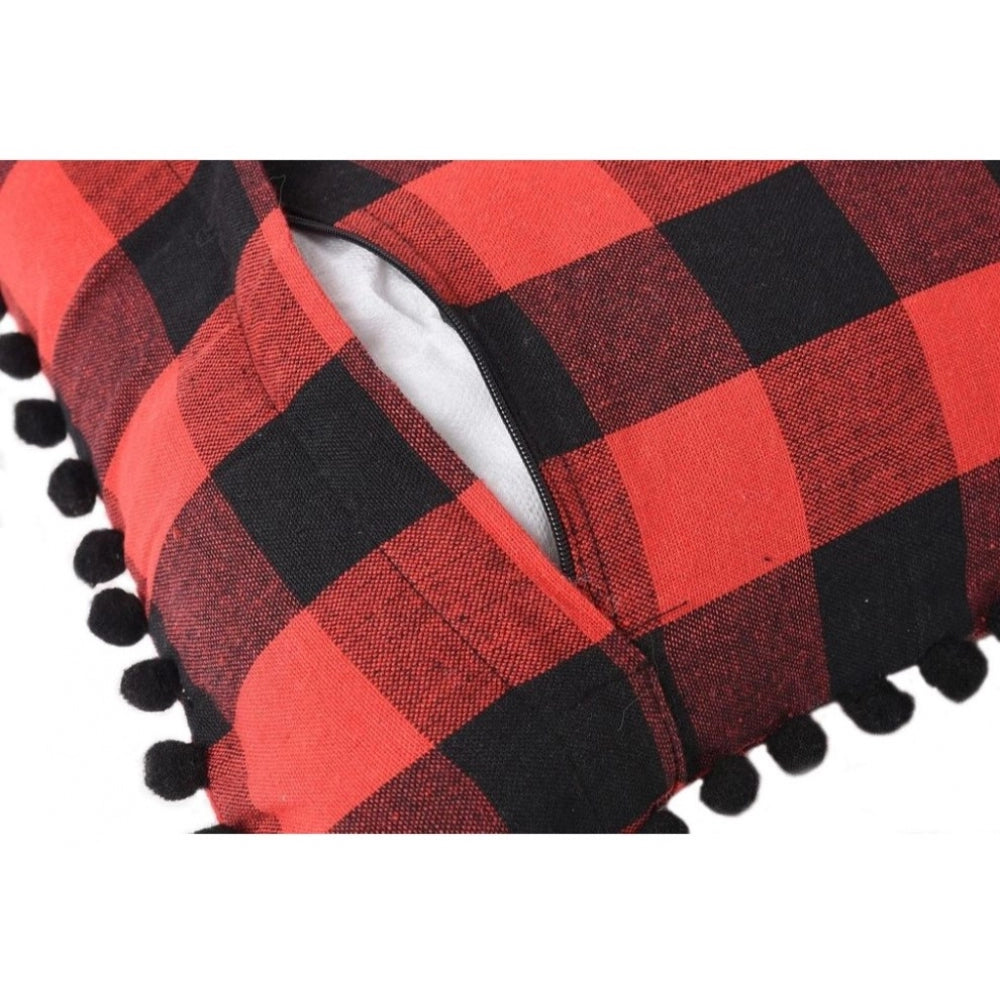 Pack Of_2 Cotton Checkered Cushion Cover With Pom Pom (Red &amp; Black, Size: 18x18 In) - GillKart