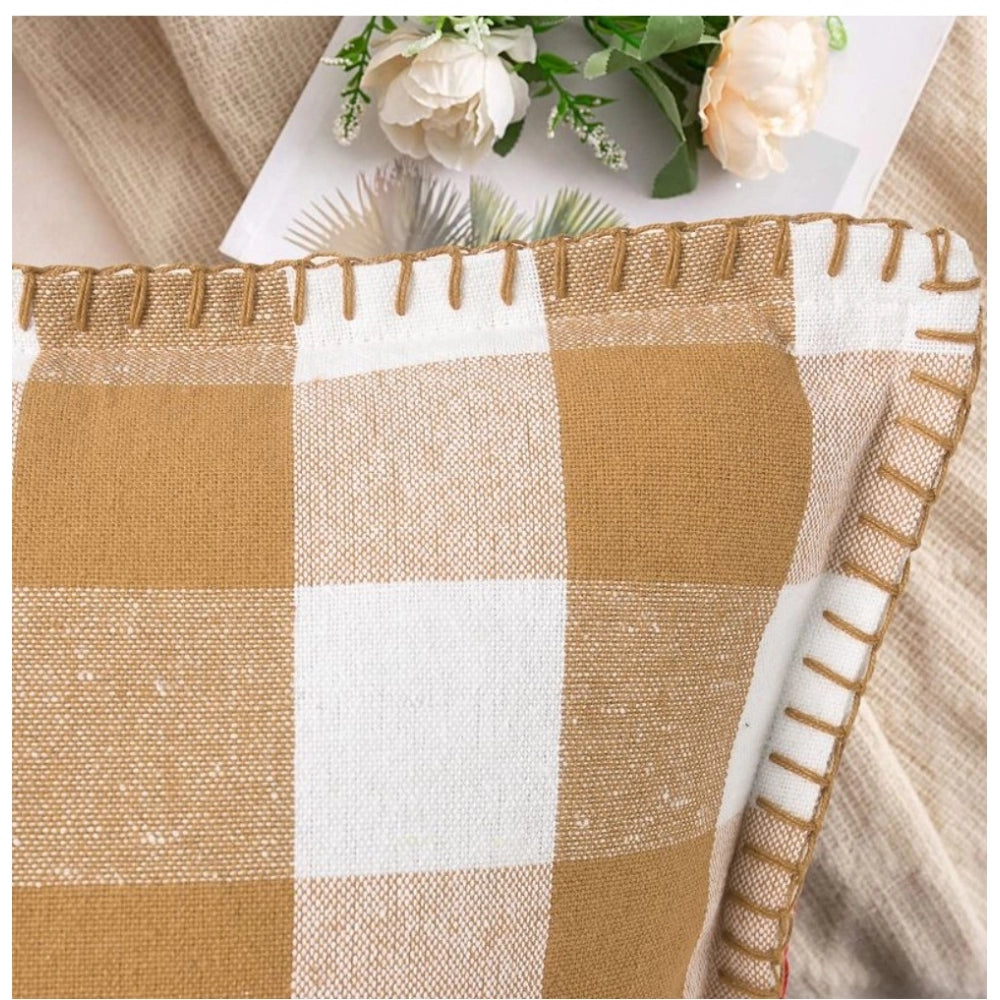 Pack Of_2 Cotton Checkered Cushion Cover With Blanket Stitch (Beige, Size: 12x20 In) - GillKart