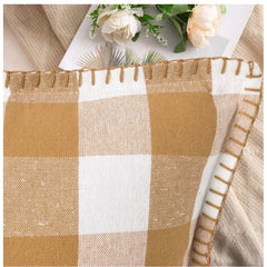 Pack Of_2 Cotton Checkered Cushion Cover With Blanket Stitch (Beige, Size: 12x20 In) - GillKart