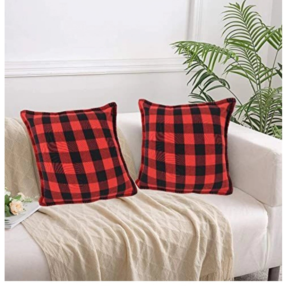 Pack Of_2 Cotton Checkered Cushion Cover With Blanket Stitch (Red &amp; Black, Size: 24x24 In) - GillKart