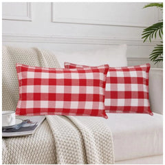 Pack Of_2 Cotton Checkered Cushion Cover With Blanket Stitch (Red &amp; White, Size: 12x20 In) - GillKart