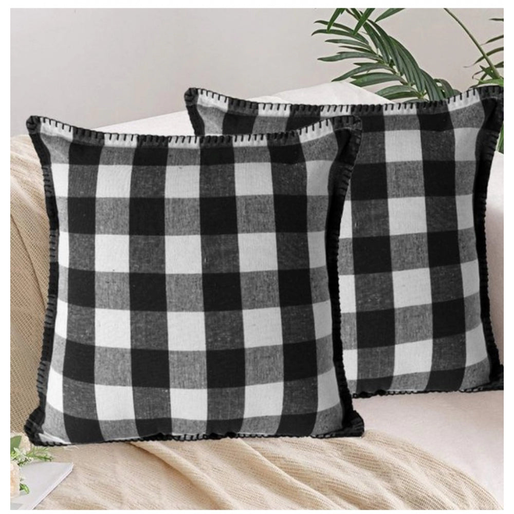 Pack Of_2 Cotton Checkered Cushion Cover With Blanket Stitch (Black &amp; White, Size: 18x18 In) - GillKart