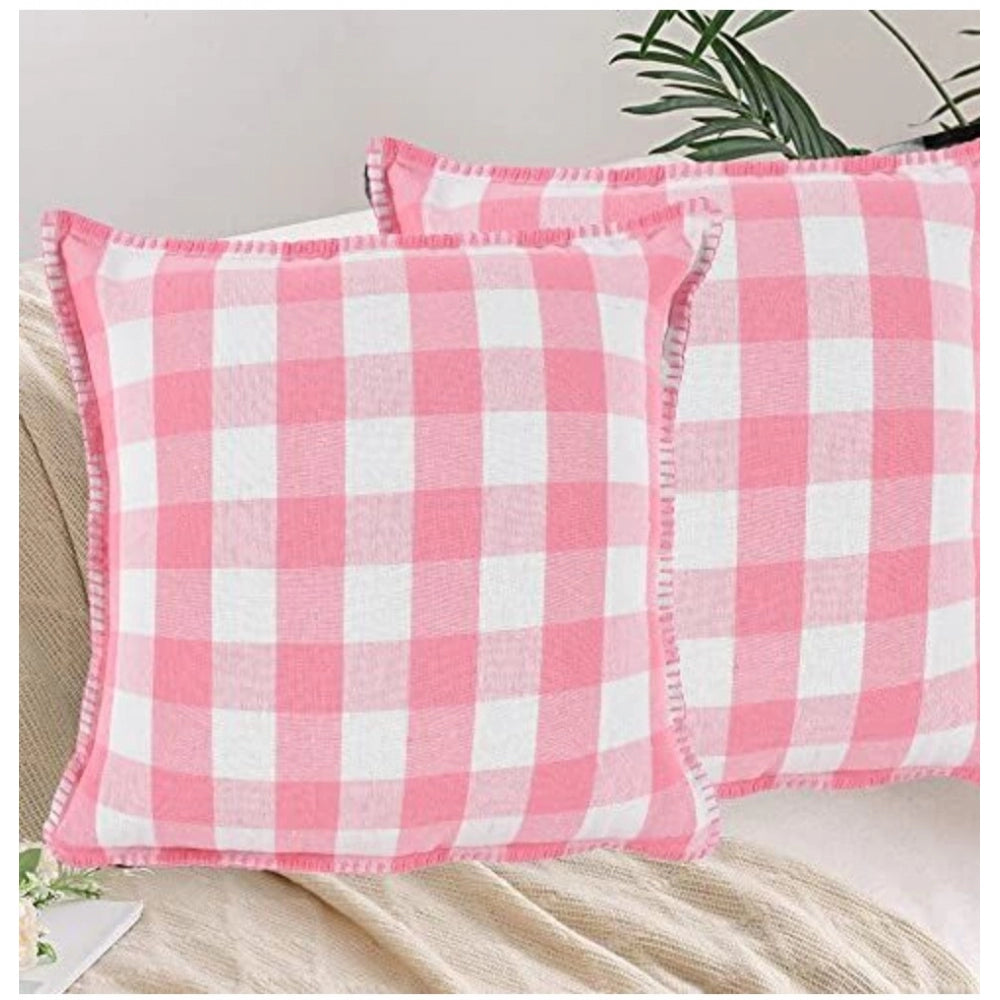 Pack Of_2 Cotton Checkered Cushion Cover With Blanket Stitch (Baby Pink, Size: 16x16 In) - GillKart