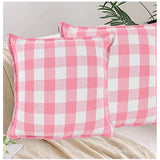 Pack Of_2 Cotton Checkered Cushion Cover With Blanket Stitch (Baby Pink, Size: 16x16 In) - GillKart